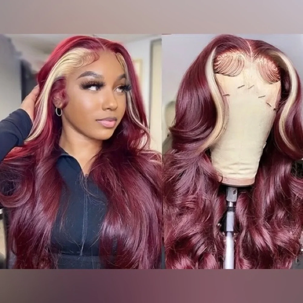 💕 SHEN 24” 99J Skunk Stripe Burgundy Blonde Colored Lace Front Human Hair *NEW*